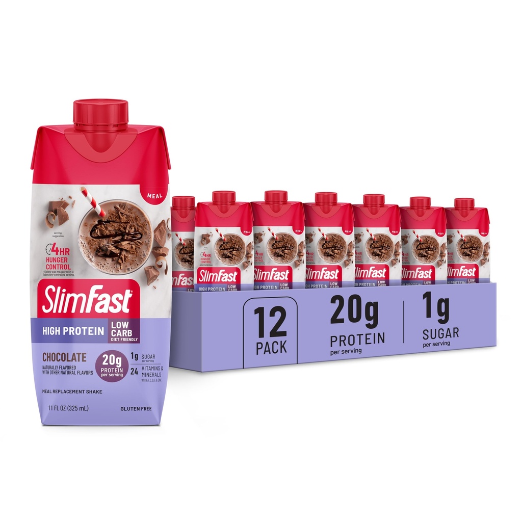 SlimFast Proteïne Shake, Chocolate- 20g Proteïne, Maaltijd Vervangingsshake Klaar om te drinken, hoog eiwit met lage Carb en lage suiker, 24 Vitaminen en Mineralen, 12 Tellen (pakket van 1) (Verpakking mei Vary)