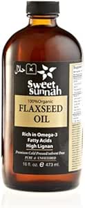 Gecertificeerd Biologische Pure Bottle Koudgeperst Vlaszaadolie 16oz- Geen conserveringsmiddelen & kunstmatige kleur-zoetSunnah