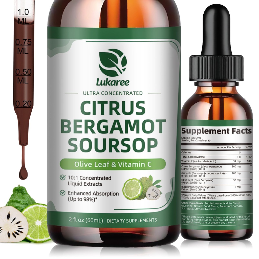Citrus Bergamot Liquid Drops - Natural Supplement met Soursop, Red Gist Rice, Knoflook, Olive Leaf, Black Pepper - Hoge Absorptie - Ondersteuning Algemene Wellness* - Soursop Bitters Liquid, 2 Fl Oz