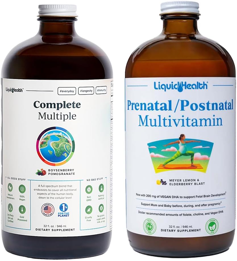 LIQUIDEHEALTH Complete Multiple & Prenatal/Postnatal Multiple Liquid Vitamin Bundle - Adult Daily Multivitamines for Men & Women, Immuun Support, Prenatale/Postnatal Multiple Liquid Vitamin Bundle - USA Made, Vegan
