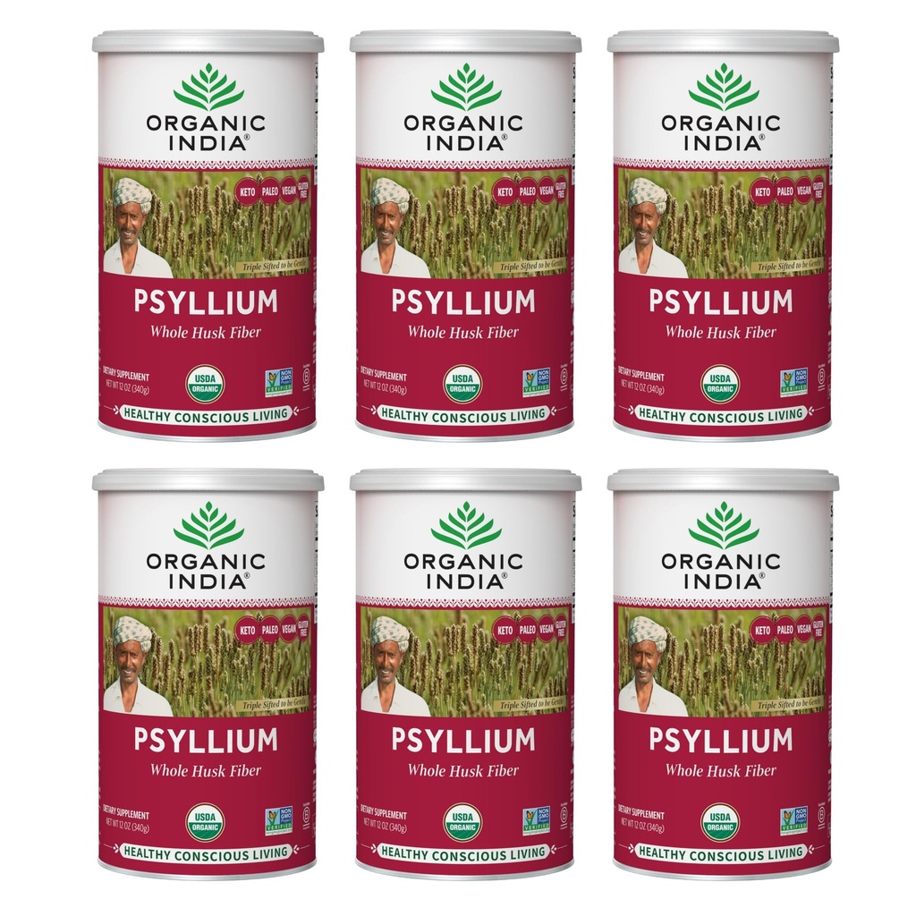 ORGANISCHE INDIA Whole Psyllium Husk Powder Organic - Psyllium Husk Fiber Supplement, Digestie Support, Veganistisch, Glutenvrij, Non-GMO, Oplosbare & Onoplosbare vezel Bron - 12 oz Canister, 6 Pack