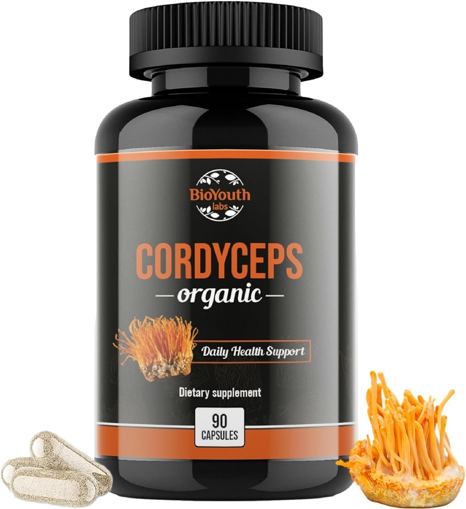Cordyceps Organic Dietary Supplement - Natural Energy Boost and Respiratory Health Support with Cordyceps Militaris, Clinically Backed, Non-GMO & Allergenen-Free 