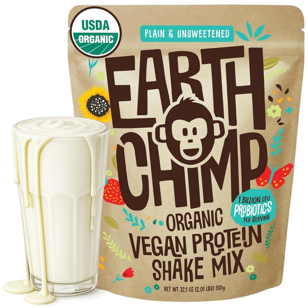 EarthChimp Organic Vegan Protein Powder - with Probiotics - Non GMO, Dairy Free, Non Whey, Plant Based Protein Powder for Women and Men, Gluten Free - 26 Servings 32 Oz (Plain & unsweeted)