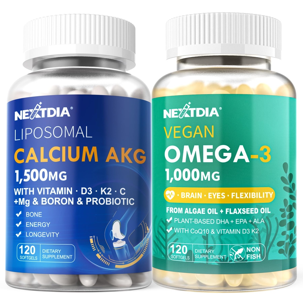 Liposomale Calcium AKG Supplement 1500mg + Vegan Omega 3 Supplement 1000mg