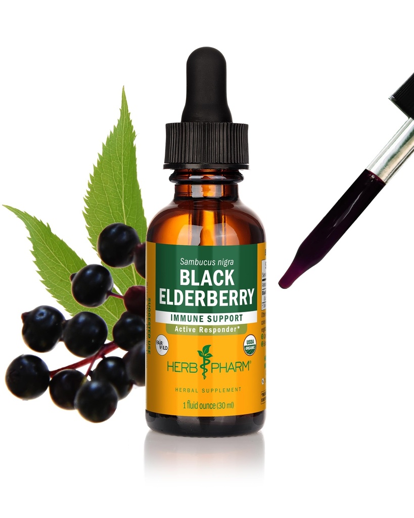 Herb Pharm Certified Biologische Zwarte Vlierbes Liquid Extract voor Immuun Systeem Ondersteuning, Biologische Cane Alcohol, 1 Oz