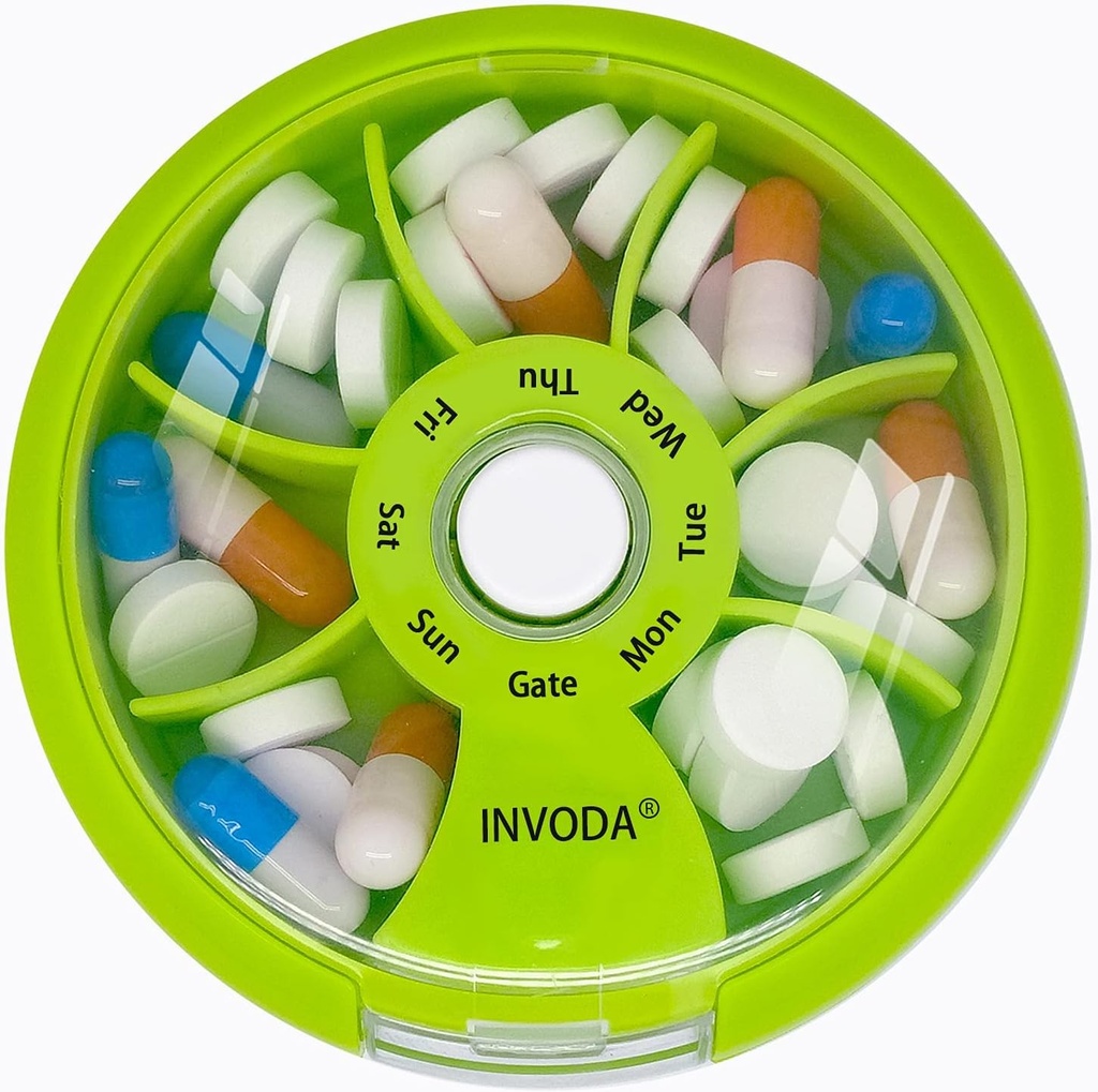 INFODA Weekly pil Organizer 7 Compartiment Rotating Pill Box voor dagelijkse medicatie & vitamines - Portable Travel Pill Case Visolie Supplementen Vitaminen Organisator (Orange)