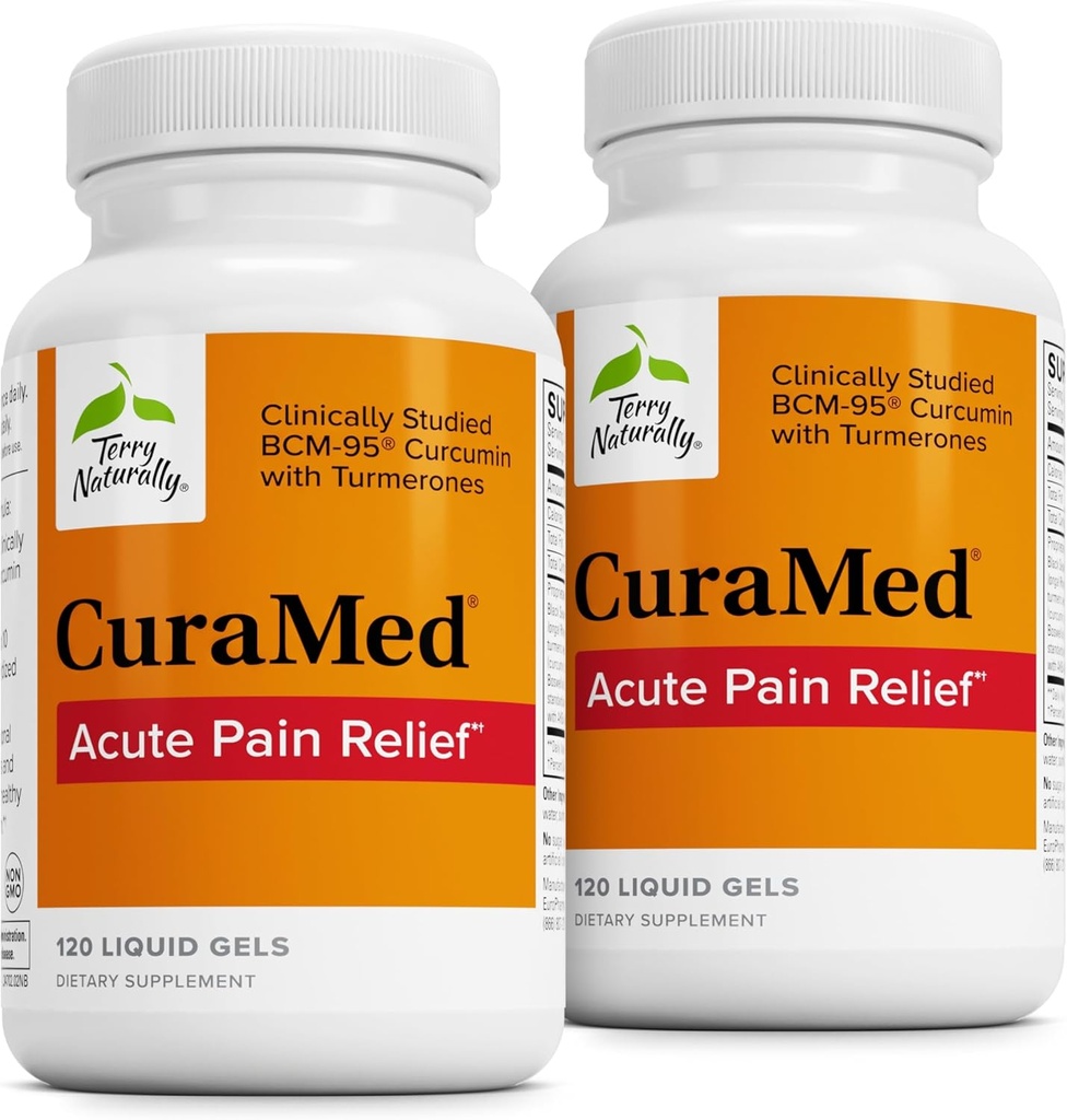 Terry naturellement CuraMed Aiguy Pain Relief - Supplément avec BCM-95 Curcumine et BOS-10 Boswellia - Huile de graines de sésame noir pour soutenir le soulagement du malaise occasionnel - 120 gels liquides (paquet de 2)