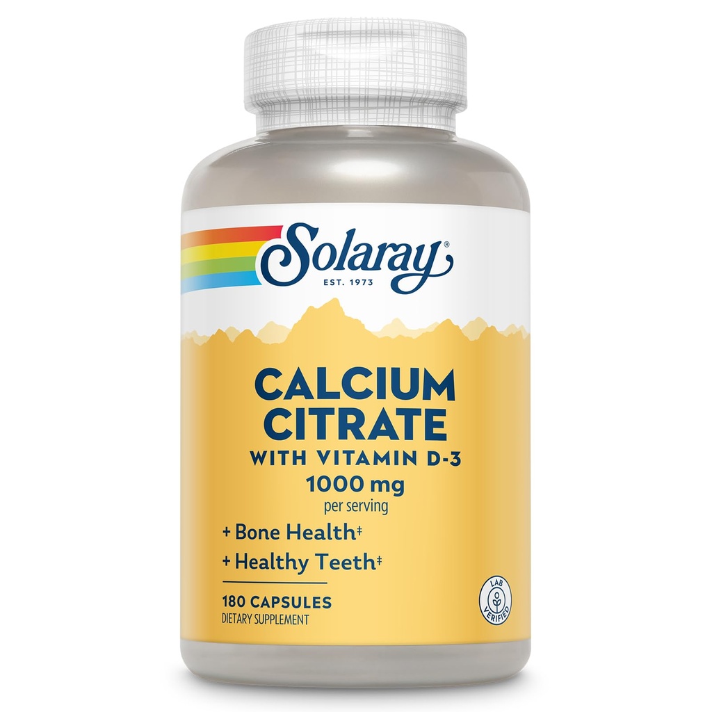 Solaray Calcium citraat met vitamine D3 1000mg - Bone Strength and Healthy Teeth Support - Gentle Digestion Formula - Lab geverifieerd, 60 dagen garantie - 30 porties, 180 capsules