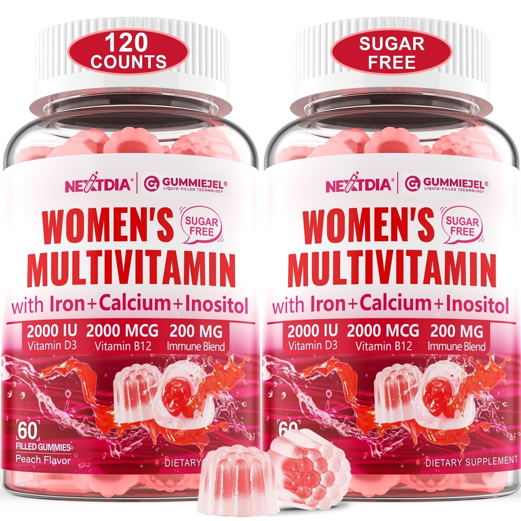(2 Pack) Suikervrij Gemethyleerde multivitamine voor vrouwen Gummies met Calcium, D3 K2, Inositol, Folaat, Biotine, IJzer, Vitamine A, C, E, B Complex - Multi Vitaminen & Mineraal - Energie, Immune, Bone - Veganistisch