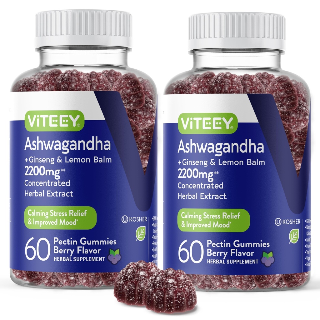 Viteey Ashwagandha Gummies with Ginseng & Lemon Balm - Mood, Calm & Stress Support Ashwagandha Supplementen - Veganistisch, Glutenvrij - 120 Tel.