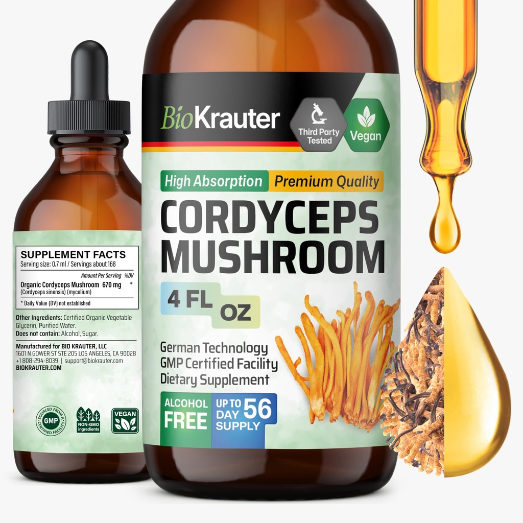 BIO KRAUTER Cordyceps Extrait de champignons - Cordyceps Sinensis Extrait de champignons liquides - 670 mg par portion - Vegan, sans alcool et sans sucre - 4 Fl.Oz.