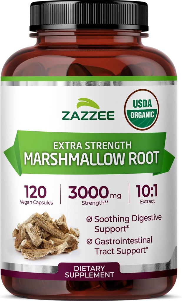 Zazzee USDA Biologische Marshmallow Root 10:1 Extract, 3000 mg Sterkte, 120 Vegan Capsules, 4 Maand Supply, Gestandaardiseerd, Geconcentreerd 10X Extract, 100% Vegetarisch, All-Natural, Niet-GMO, Made in The USA