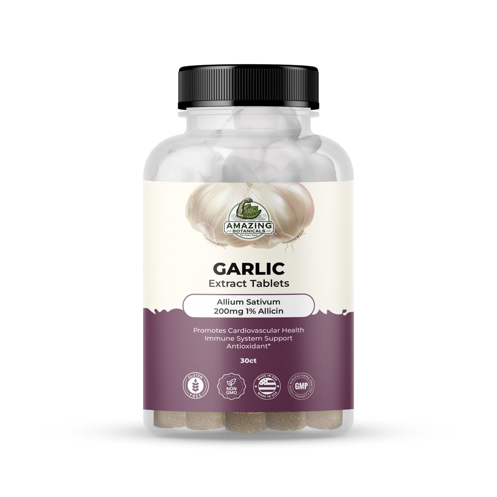 Amazing Botanicals Comprimés d'extrait d'ail - Allium Sativam 200mg, 1% Allicine - Supplément à base de plantes de haute puissance pour le bien-être et la vitalité - 30 Compte
