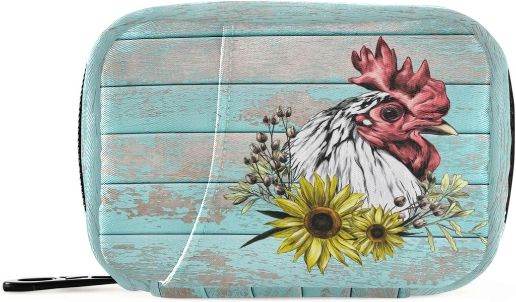 Pill Box En bois Rooster Sunflower Pill Box 7 Day Pill Case Sac de voyage Pill Organizer Sac avec zipper Portable Weekly Case Taille compacte pour le support de supplément de vitamine