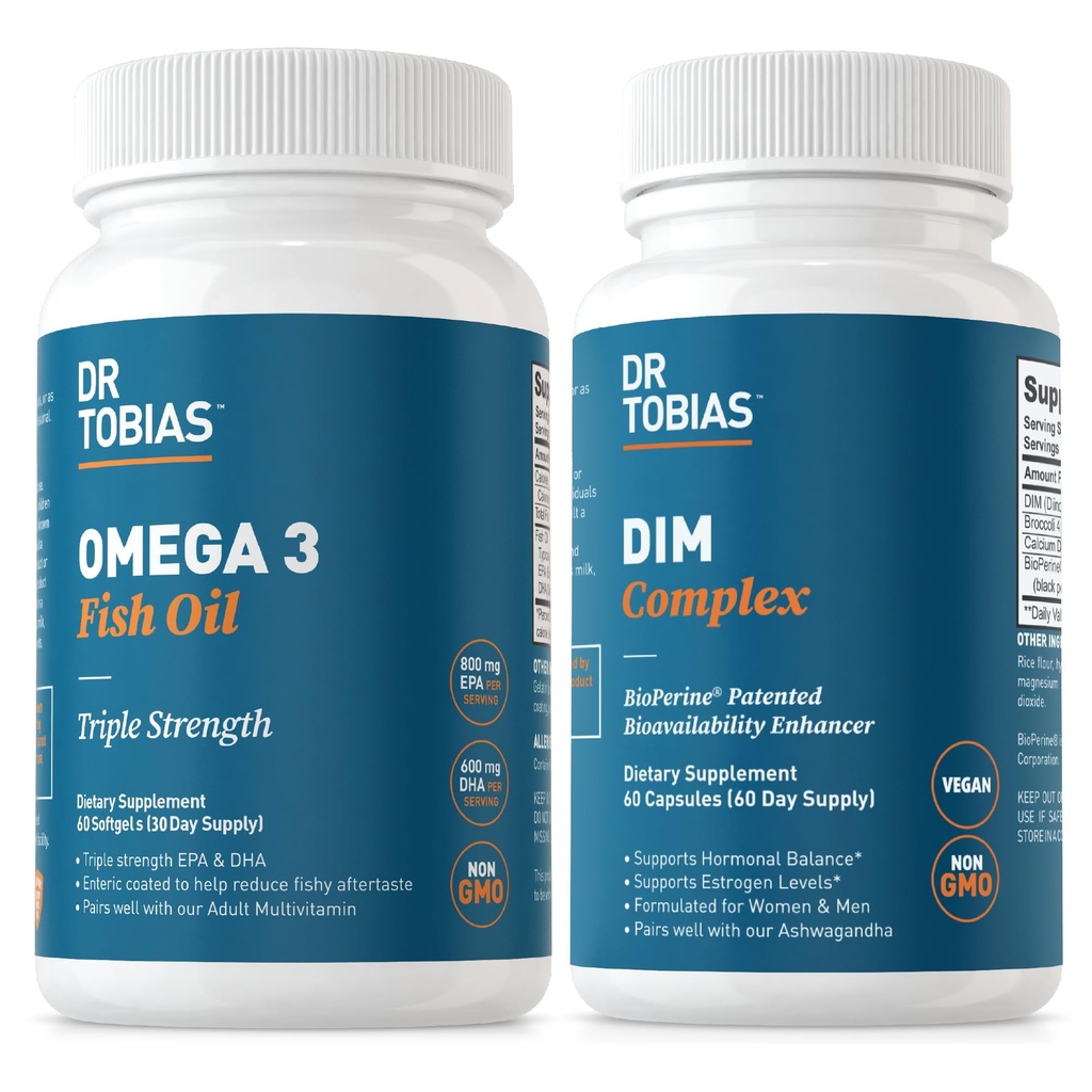 Dr. Tobias Omega 3 Visolie en DIM Complex Supplementen, Ondersteunt Hart, Hersen Immuun Functie en Hormonenbalans voor vrouwen en mannen met BioPerine, Borccoli Extract & Calcium D-Glucaraat, 60 Capsules