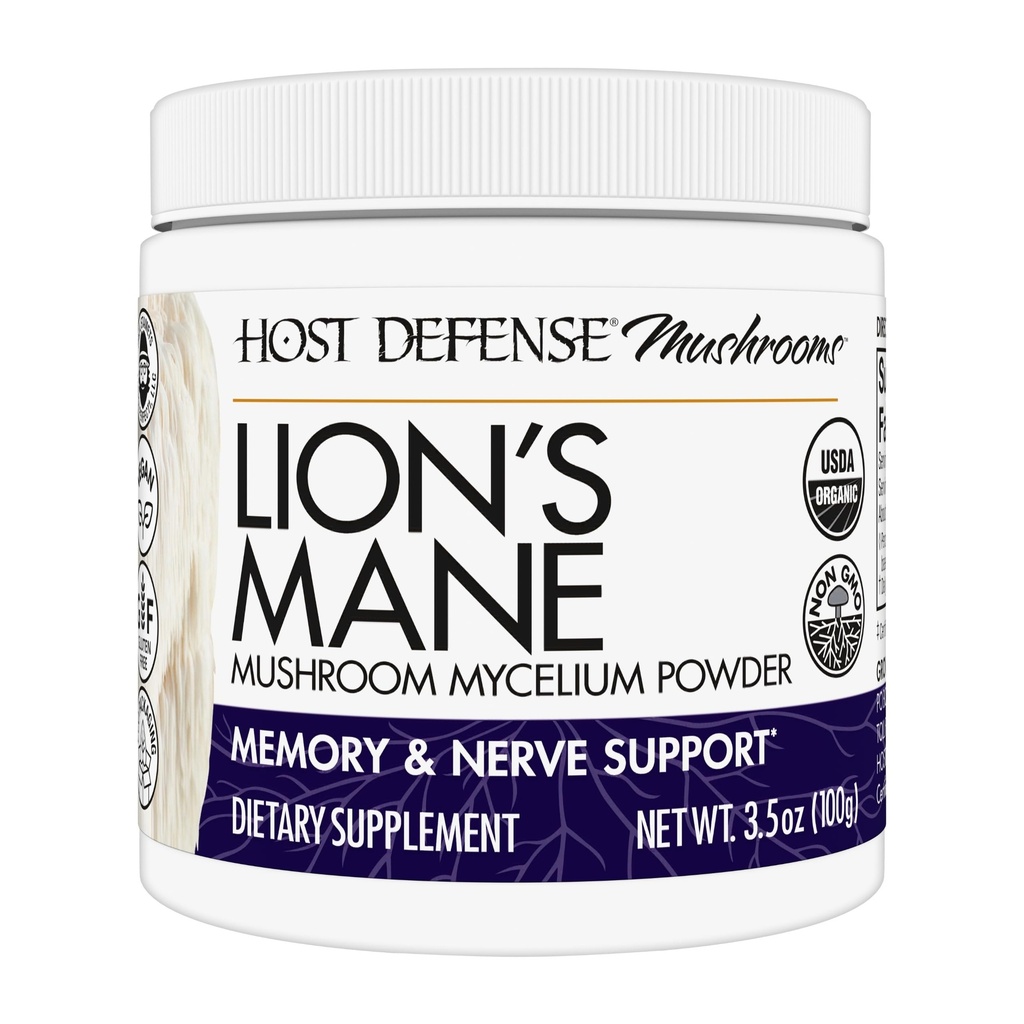 Host Defense Lion's Mane Powder - Supplément de soutien à la santé cérébrale - Supplément de champignons pour soutenir la fonction focus et mémoire - Supplément de soutien du système immunitaire et nerveux - 3,5 oz (66 portions)*