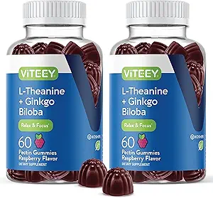 Viteey L-Theanine Gummies avec Ginkgo Biloba pour les adultes - aides à la mise au point et la détente, améliorer l'humeur - Non OGM, sans gélatine, végétalien, sans gluten, naturellement d'origine rafraîchissante délicieuse Gummy