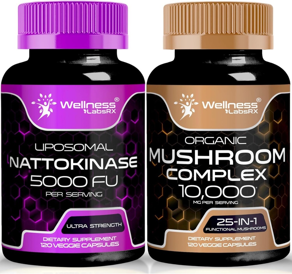 Capsules de supplément de nattokinase - 5000 FU - Enzymes de l'extrait de natto japonais pur - 10000mg - 25 en 1 Capsules complexes de champignons