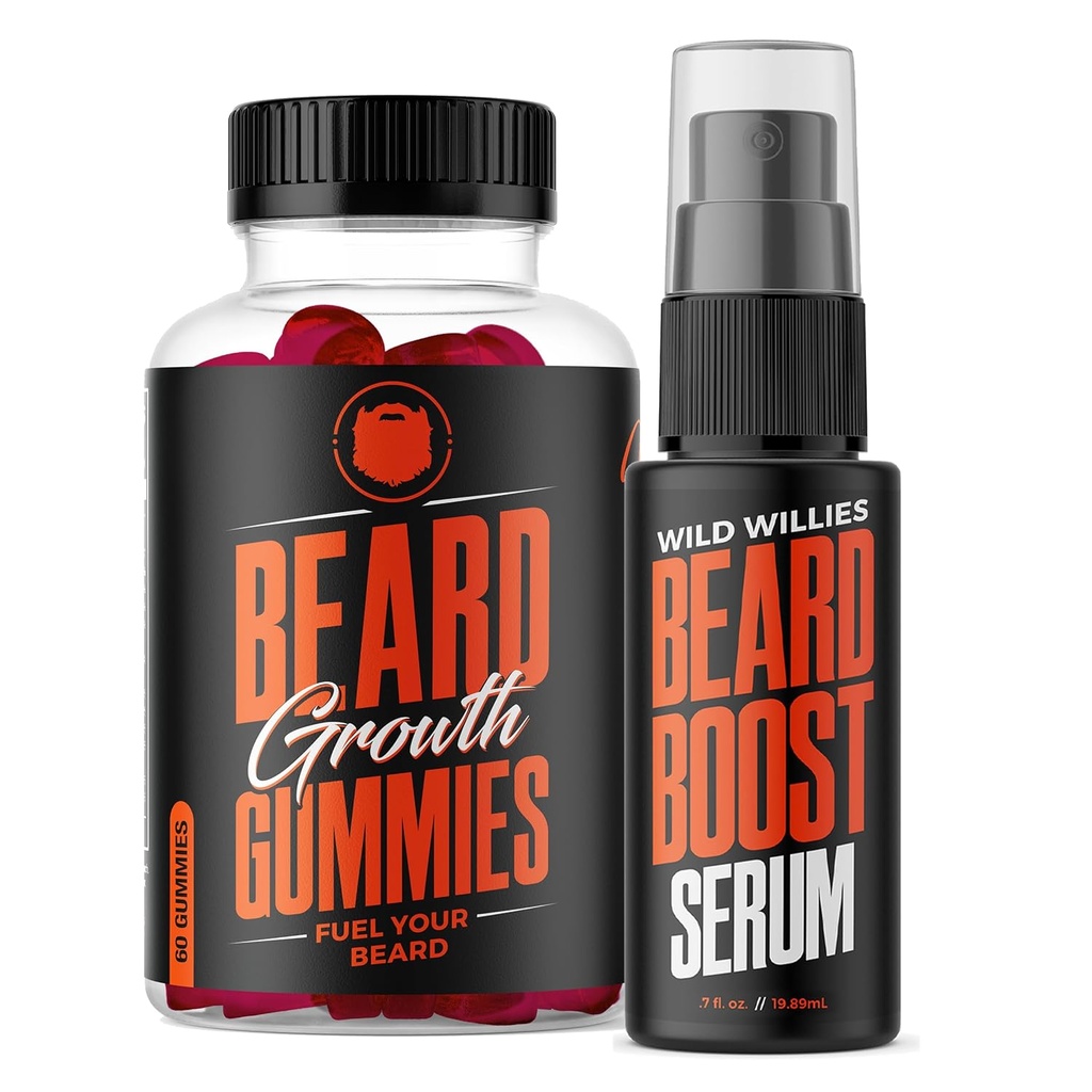 Wilde Willies Baardgroei Dual Threat: Baardgroei Gummies en Serum Kit voor mannen - Biotine, Cafeïne & essentiële groeiolie voor voller, dik gezicht haar - Baard Vitaminen & verhogen baardgroei