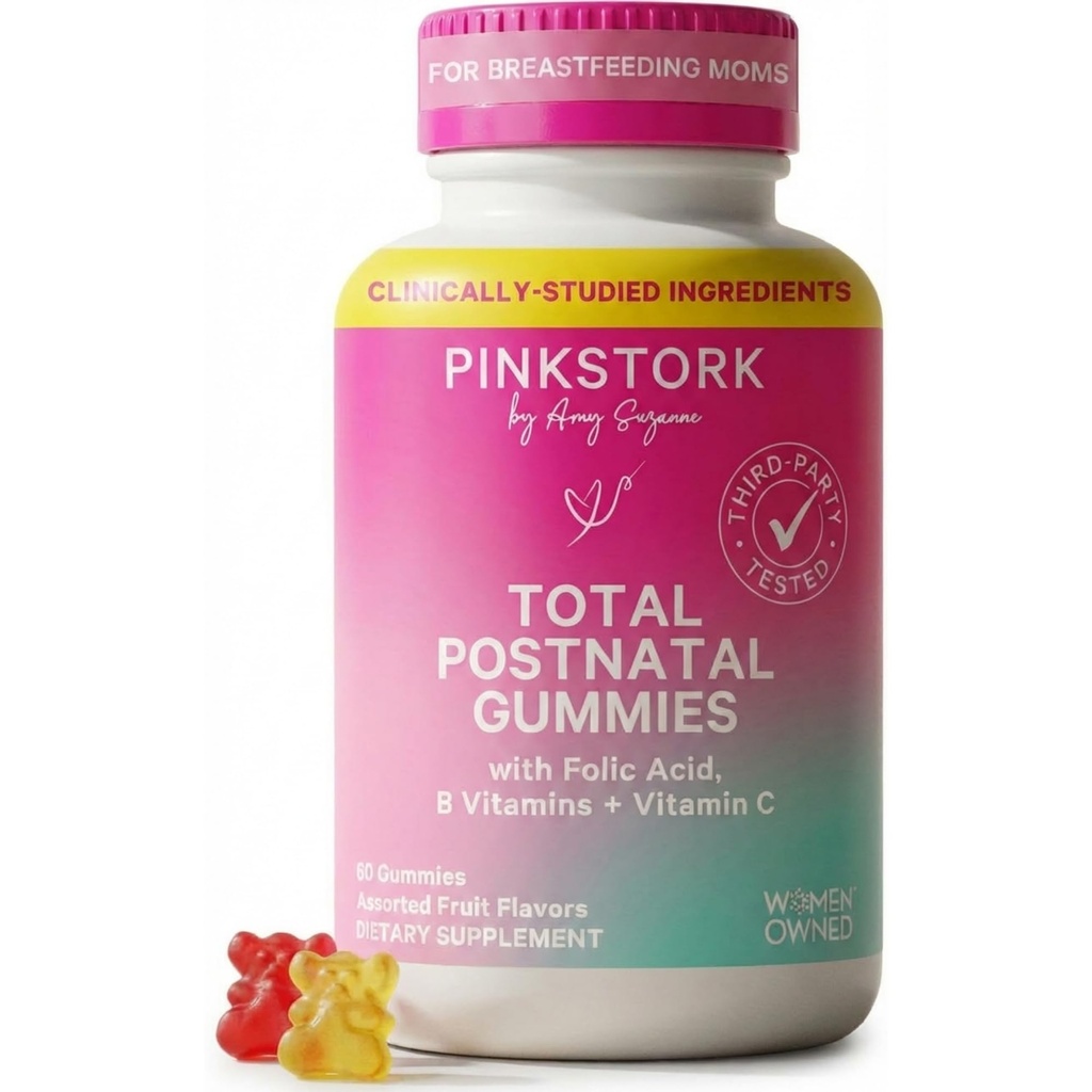 Roze Stork Totaal Postnatale Vitamine Gummies - Multivitamine voor postpartumherstel en borstvoeding - Foliumzuur, B6, & vitamine C - Postpartum Essentials - 60 Gummy Vitaminen