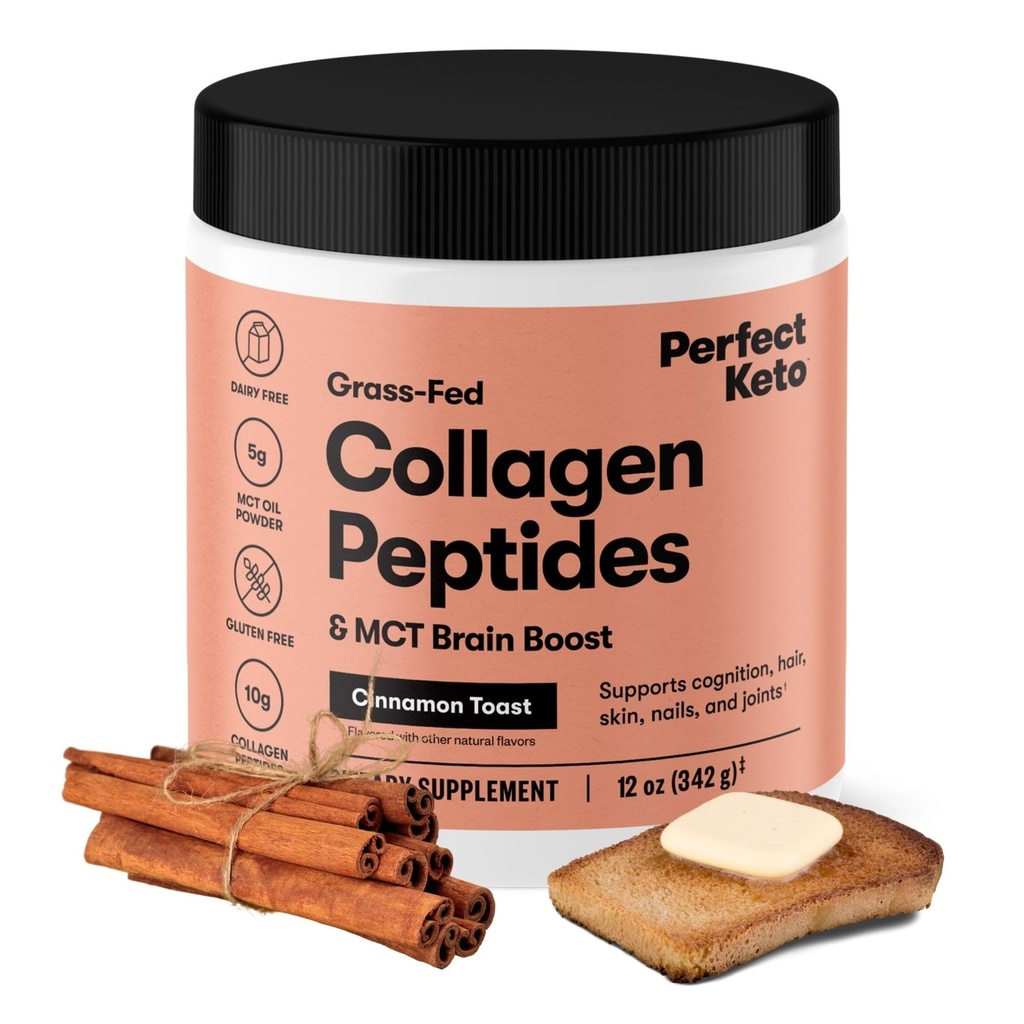 Perfect Keto Collageen Peptides Proteïne Poeder met MCT olie, Gehydrolyseerde Collageen, Type I & III Supplement, Glutenvrije Gras Fed, Low Carb, Keto Coffee Creamer, Collageen voor vrouwen en mannen, Kaneel Toast