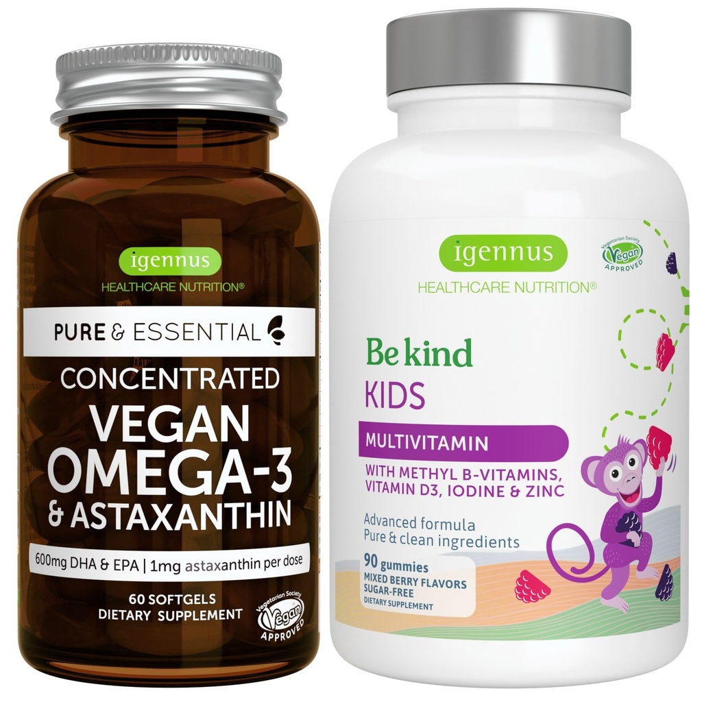 Vegan Omega-3 Algenolie + Advanced Kids Multivitamine Gummy Bundle, Hoge Concentratie DHA & EPA + Vitamine A, B, C, D3 & E, Clean Ingrediënten 60 Softgels + 90 Berry Flavor Gummies, door Igennus
