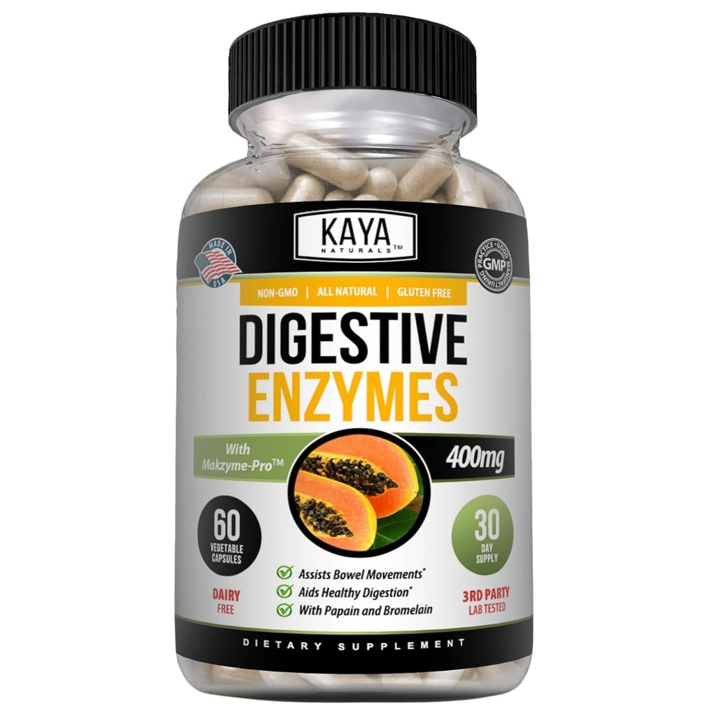 Kaya Naturals Enzymes digestifs avec prébiotiques et probiotiques - Constipation & Bloating Relief - Pilules de gestion du poids pour les femmes et les hommes - Aides fonctions immunitaires - Soutien de digestion - 60 Capsules Veggie