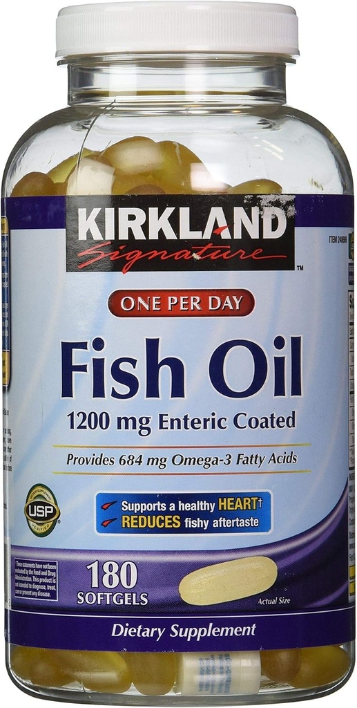 Kirkland Signature Enteric Coated Fish Oil Omega 3 1200 MG Visolie, 684 MG Omega 3 Vetzuren, 180 softgels