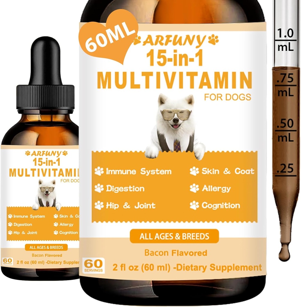 15 in 1 Multivitamine voor honden - Honden Multivitamine Liquid Support Joint, Gut & Immune Health - Hondendigestie, Hart, Huid & Coat Health - Vitaminesupplementen voor Puppy - Bacon smaak