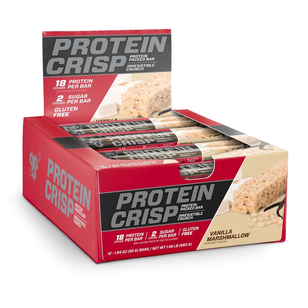 BSN Protein Bars - Proteine Crisp Bar door Syntha-6, Wei Proteïne, 20g eiwit, Glutenvrij, Lage Suiker, Vanille Marshmallow, 12 Tellen