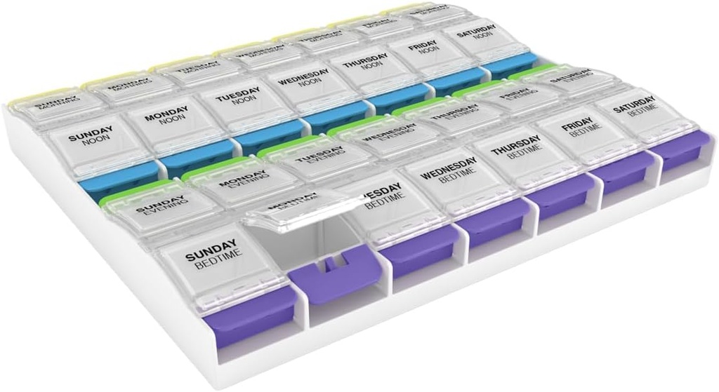 Ezy Dose Weekly (7 dagen) Pill Case, Medicine Planner, Vitamine Organizer Box, 3X-Large Push Button Compartments, 4 keer per dag, Clear Lids, BPA Free