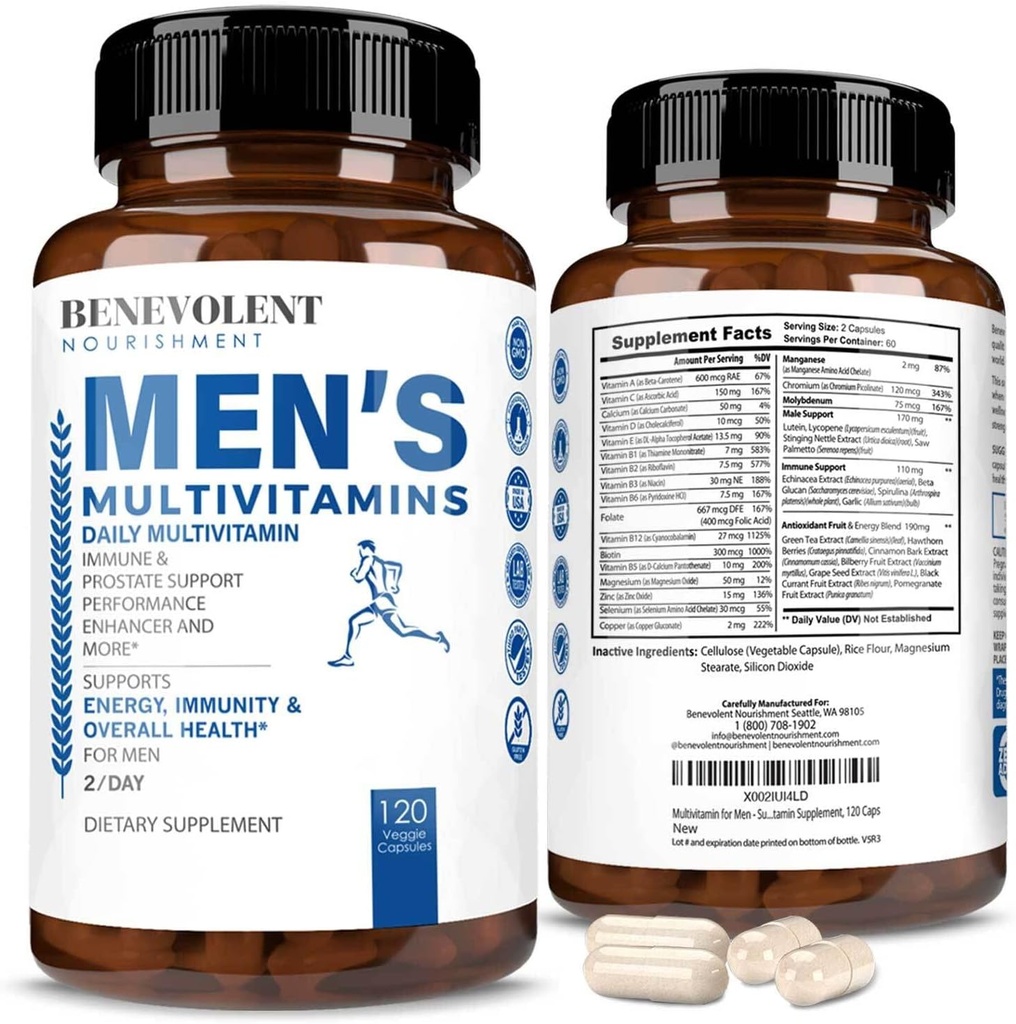 Weldadige voeding Multivitamine voor mannen - Ondersteunt energie en algemene gezondheid - essentiële dagelijkse vitamines voor mannen, biotine, magnesium, zink en antioxidant voor de gezondheid van de immuunsysteem - niet-GMO,120 capsules