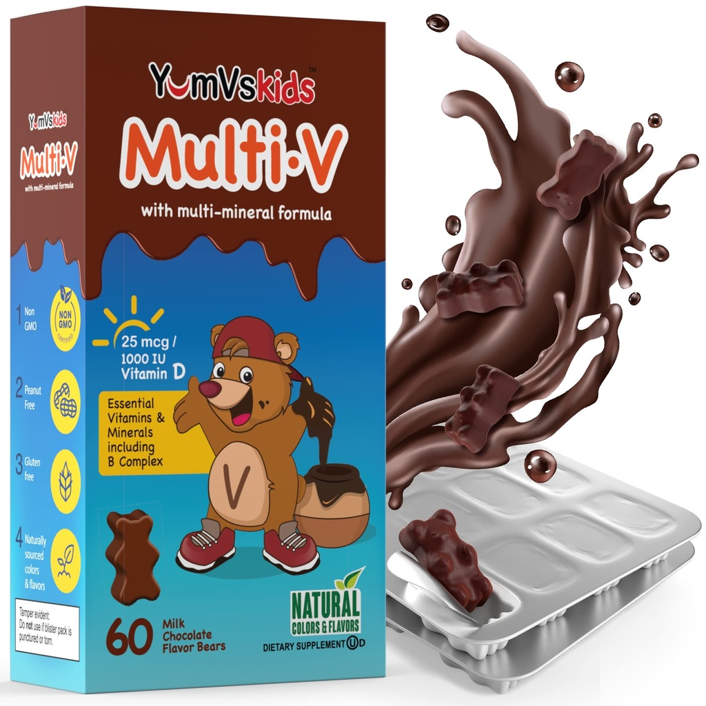 YUM-V'S - Ours au chocolat à croquer multivitamine pour enfants - Supplément multivitamine pour enfants - 16 vitamines et minéraux - Vitamines incluant le complexe D, Zinc, C, B et plus, 60 Count Pack de 1