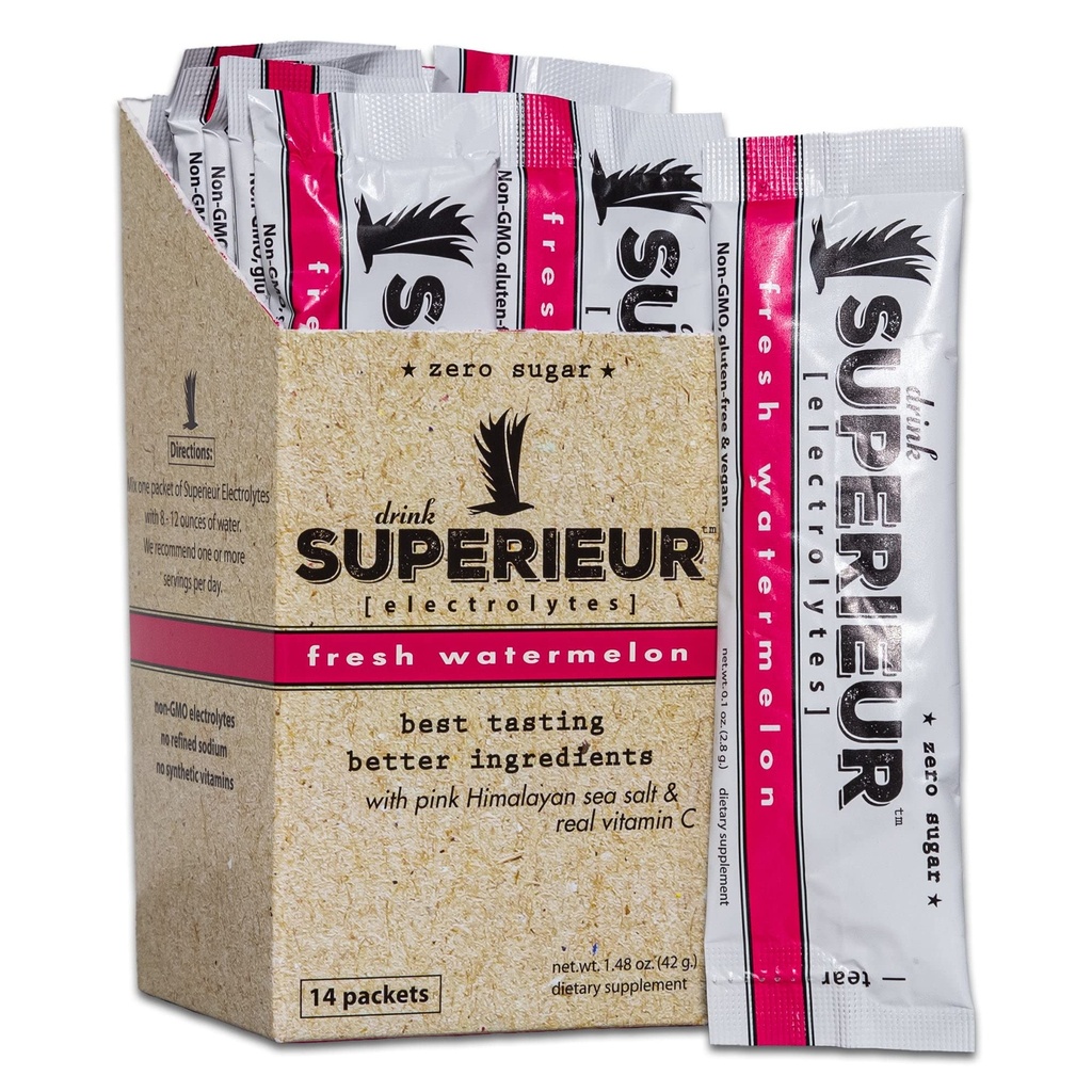 Superieur Electrolyte Powder Packets - Vegan Electrolyte Hydration Powder w/Sea Minerals - Keto Friendly, Non-GMO, Zero Sugar Electrolyte Supplement - Healthy Sports Drink - Watermeloen (14 Packets)