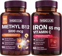 Fer et vitamine B12 Bundle, 5000 mcg B12, Zéro sucre, carbonyle fer avec vitamine C, doux sur l'estomac