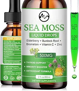 Sea Moss Liquid Drops - Irish Sea Moss 2000mg with Elderberry, Burdock Root, Bromelain, Vitamine C and Zink - 98 Essential Minerals Seamoss Supplement for Immune, Joint, Digestie, Aging Support - 2oz