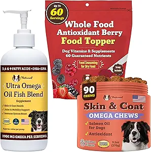 Natural Dog Company Skin & Coat Health Bundle met Omega-3, DHA, en antioxidanten voor honden, ondersteunt gezonde huid, glanzende jas, en algemene wellness Ideaal voor droge huidrelief & verbeteren van hondenjas Shine