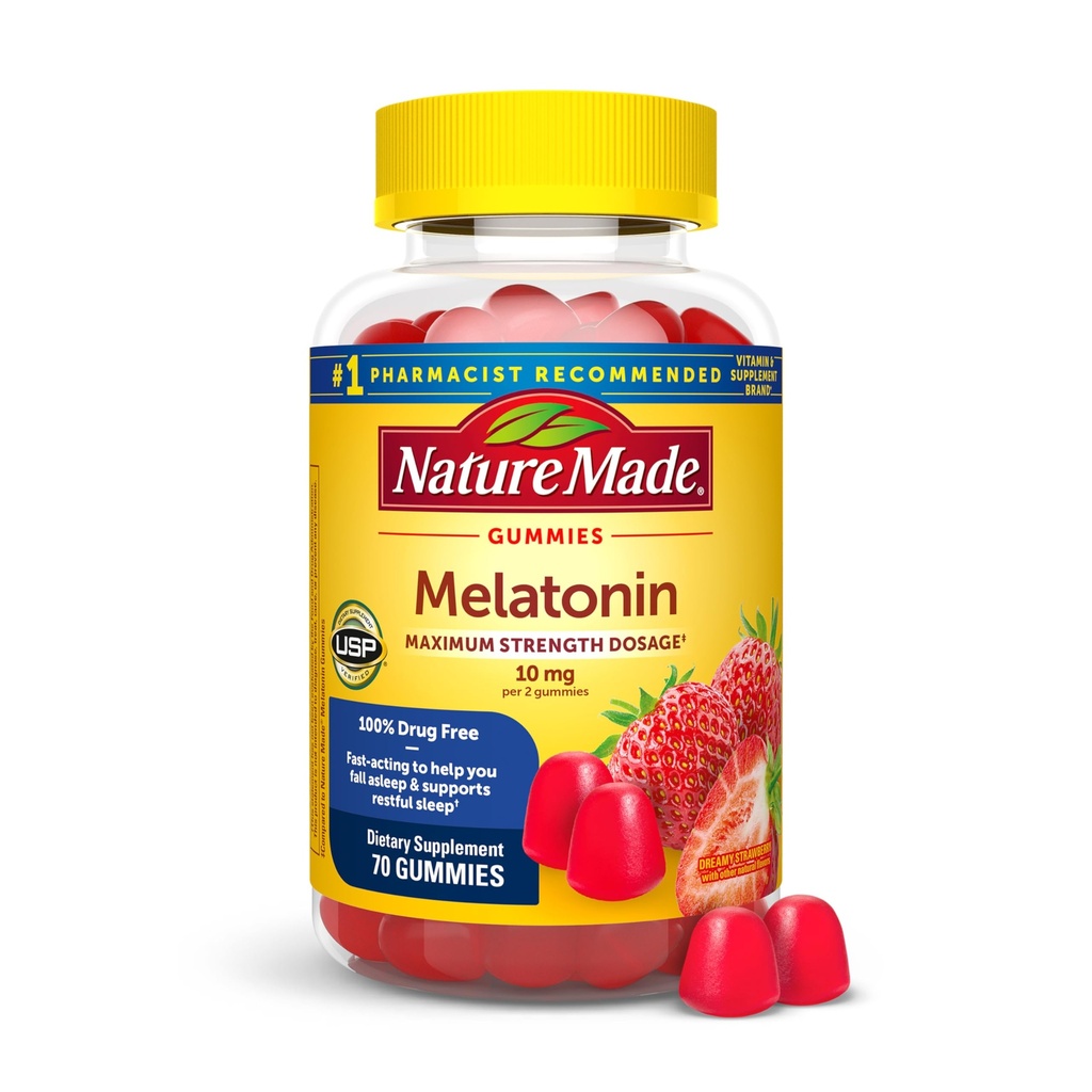 Nature Made Melatonine 10mg per portie Gummies voor volwassenen, Maximale sterkte dosering Slaaphulp, 100% Drugvrij, 70 Graaf Melatonine Gummies, 35 Dagen Levering