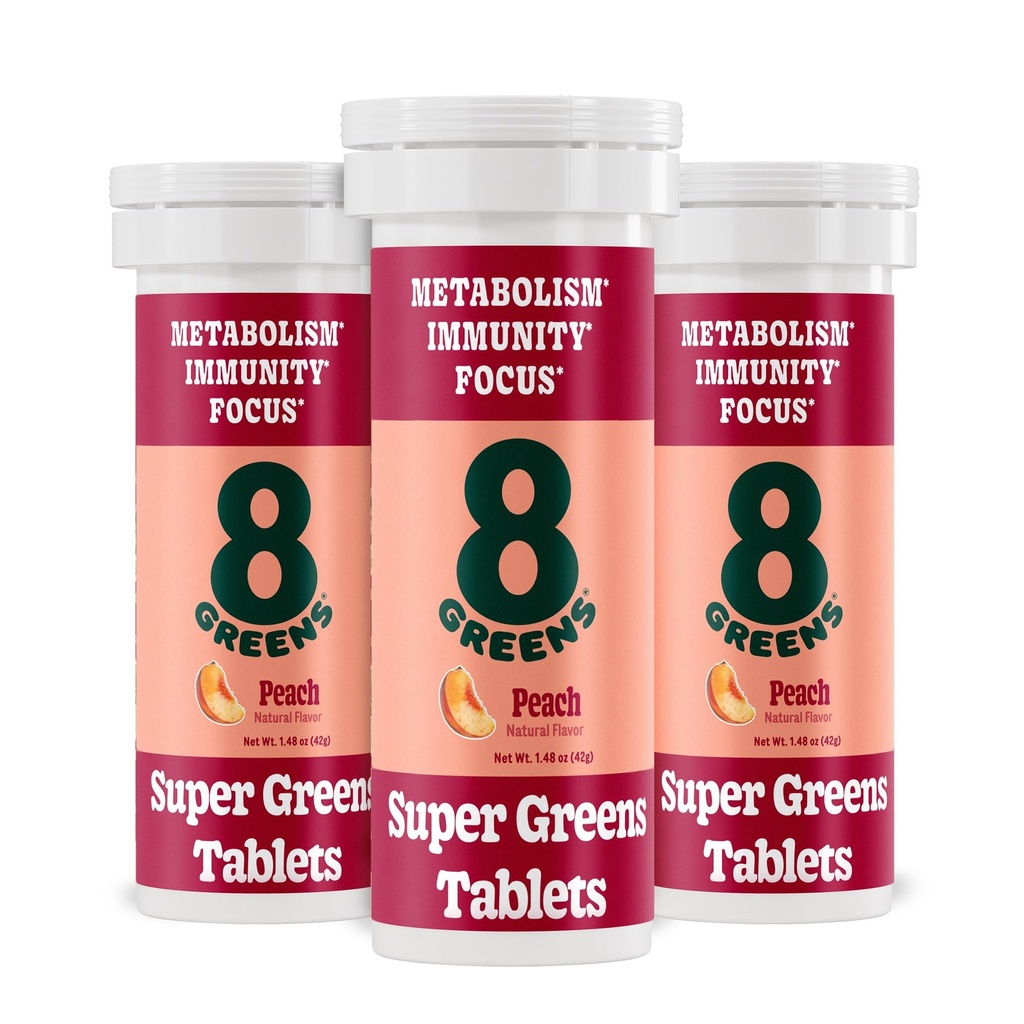 8Greens Supergreens Comprimés Super Greens Poudre Superfood Comprimés Super Greens, Métabolisme Immunité et Focus, Verts quotidiens Comprimés effervescents, Organiques: Aloe Vera, Spiruline, Chlorella, Pêche, 30 portions