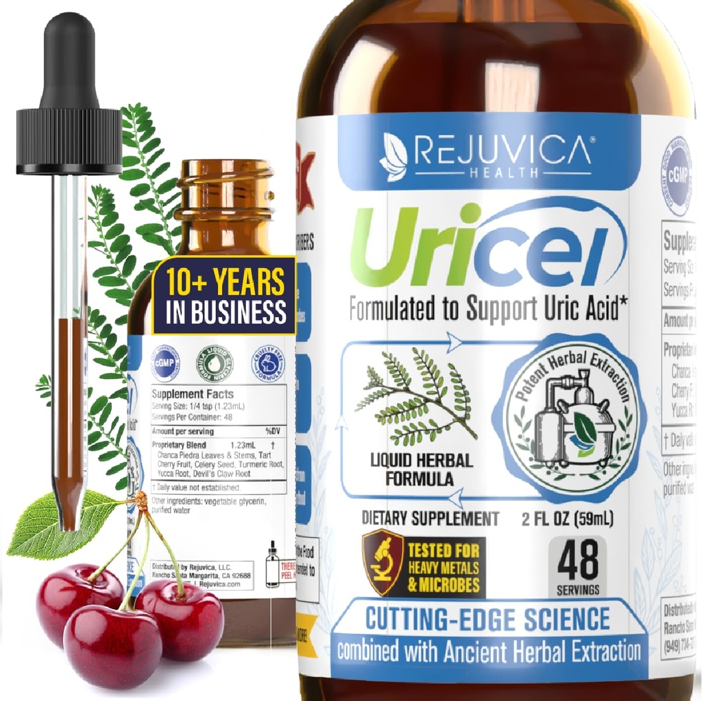 Uricel - Advanced Uric Acid Support & Cleanse Supplement - Gezamenlijke en nierondersteuning - Vloeibare levering voor betere absorptie - Tart Cherry, Chanca Piedra, Selderijzaad & kurkuma - 2 fl oz