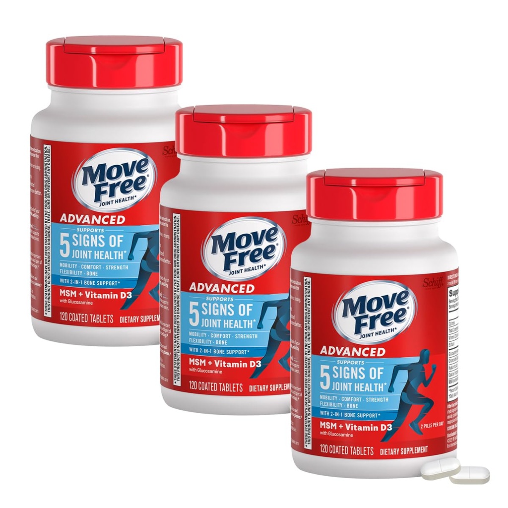 Move Free Advanced Glucosamine Chondroitin MSM + Vitamine D3 Joint Support Supplement, ondersteunt mobiliteit comfort sterkte flexibiliteit & bot + immuungezondheid - Tablet, 3x120ct flessen (120 porties)