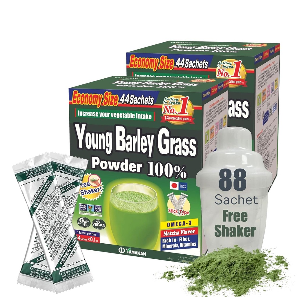 Yamamoto Kanpoh YAMAKAN Young Barley Grass Powder, Grass Juice Rijk aan mineralen, vitamines en plantaardige eiwitten voor vrouwen en mannen, gerstgras sap poeder uit Japan, niet GGO 88 draagbare sachets