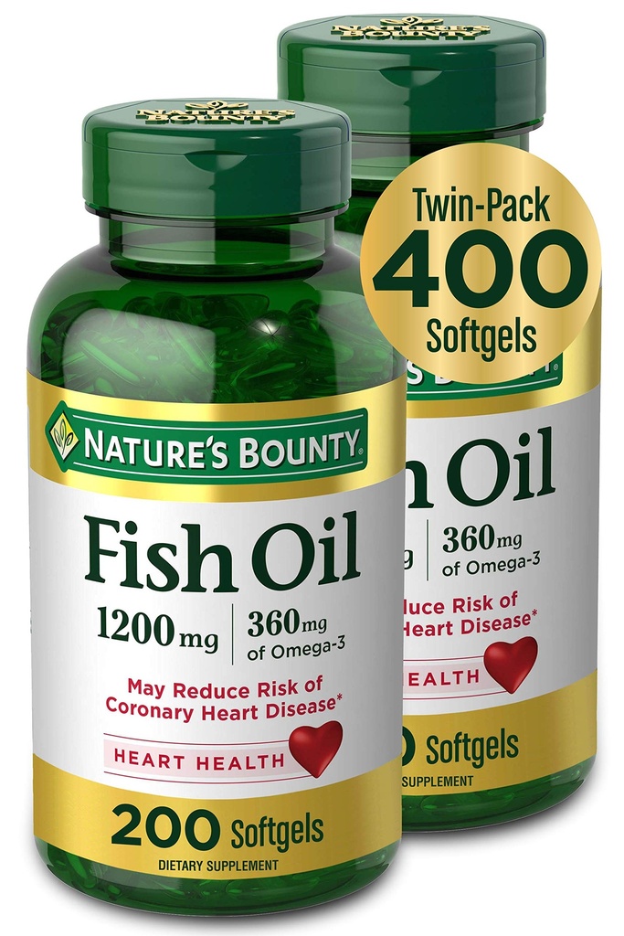 Nature's Bounty Fish Oil, Dieetsupplement met 360mg Omega-3, Ondersteunt Heart Health, 1200mg, 200 Softgels (pakket van 2)