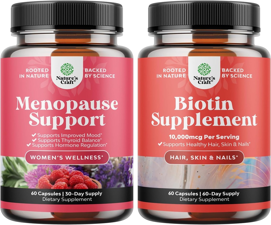 Bundel van Herbal Menopauze Supplement voor vrouwen en 10000 mcg Pure Biotine Pillen voor vrouwen en mannen - Perfect voor Estrogeen Balance - Stop Haarverlies Verdovende Natuurlijke Supplement