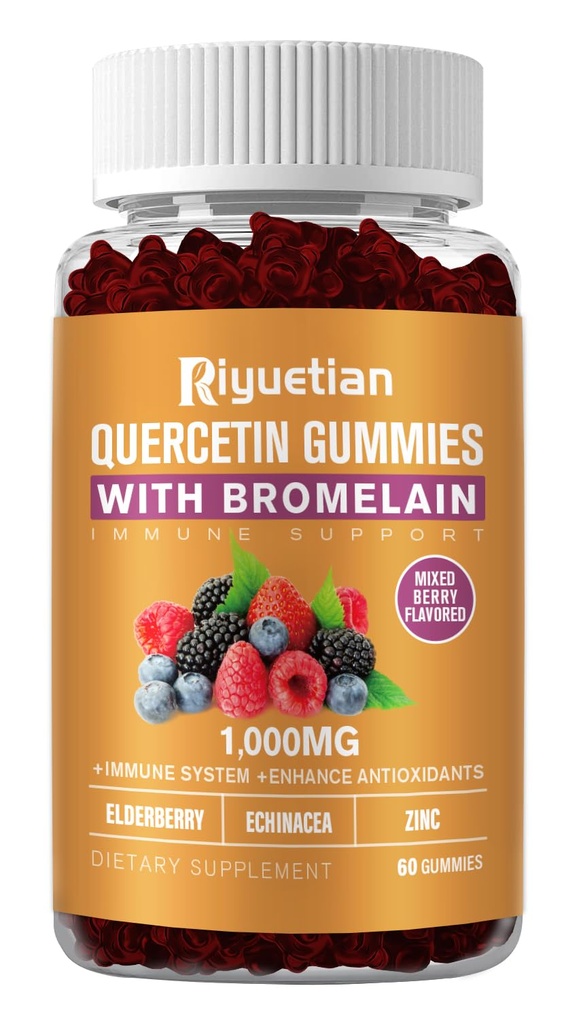 Quercetine met bromelaïne, zink en vitamine C - Cardiovasculair,Aging ondersteuning Kauwbare vitamines -Vegan - Pure quercetine voor kinderen en volwassenen - Non-GMO 60 Tel.