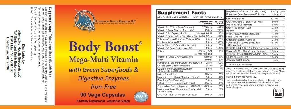 Iron-Free Mega Multivitamine en Mineral Supplement met Green Superfoods en Digestieve Enzymes- Body Boost® door Alternative Health Research