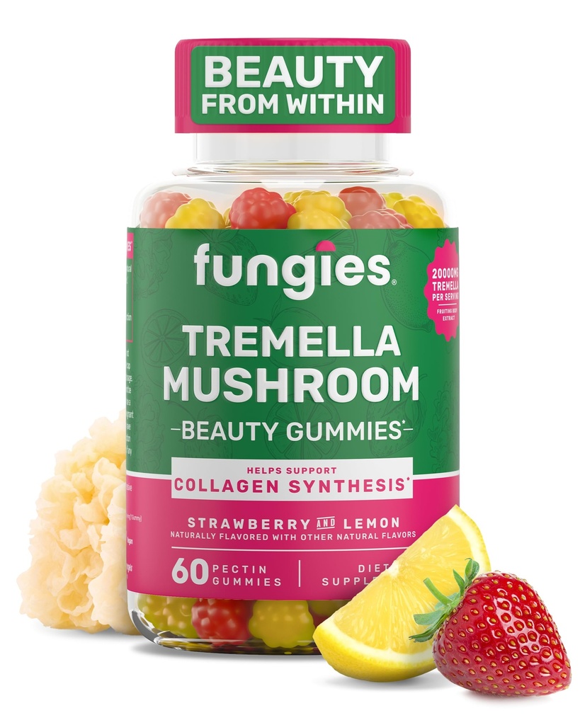 Schimmels Tremella Mushroom Gummies, Gemengde Aardbei & Citroen Smaak - Paddestoelen kruidensupplement Gummy voor volwassenen Ondersteunt Collageen Synthesis, Gezonde Huid & Gezonde Veroudering - Beauty Gummies 60 Serves