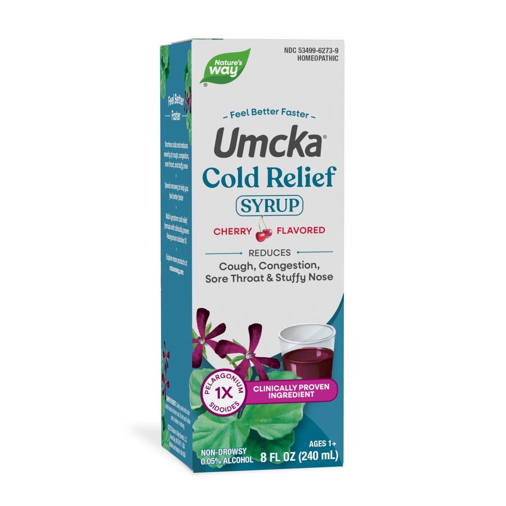Nature's Way Umcka Cold Relief Syrup, Homeopathic Cold Medicine, Shortens Duration & Reduces Severity of Cough, Congestion, Sore Throat & Hoarseness, Non-Drowsy Syrup, Cherry Flavored, 8 fl oz