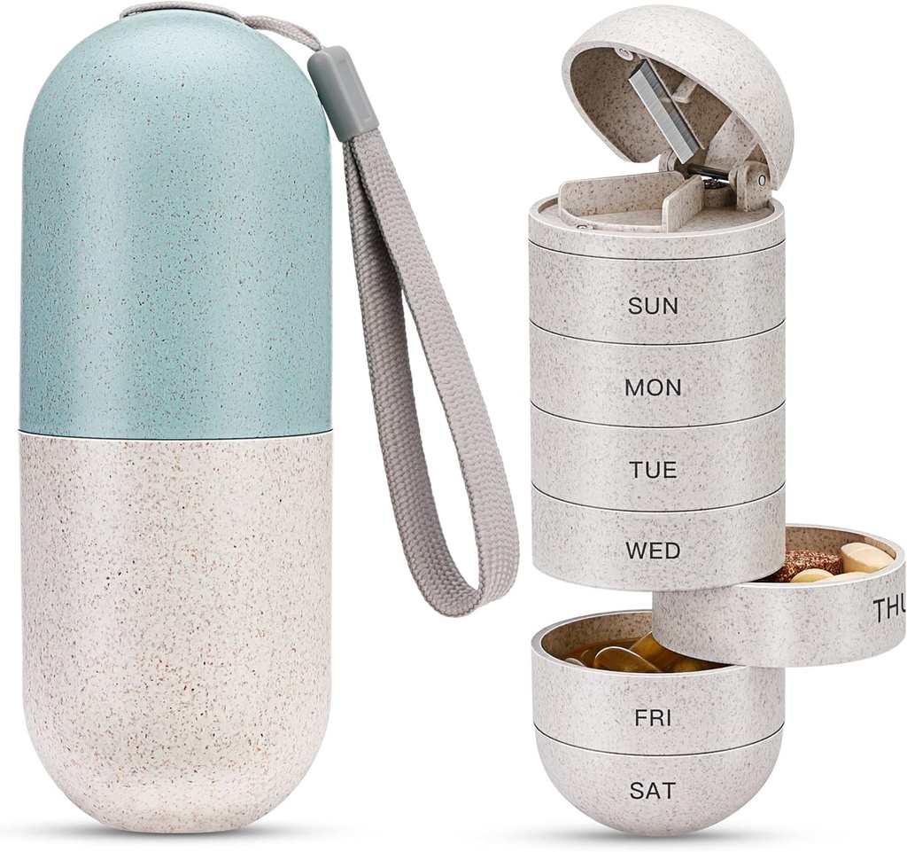 Zannaki 2 in 1 pil Organizer met Cutter, Grain Fiber Wekelijkse pil geval Grote Compartiment Vocht Proof, Magnetische Lock, BPA Gratis reizen wandelen pil Box 7 dagen om pillen te houden, Vitamins,Visolie,uplements
