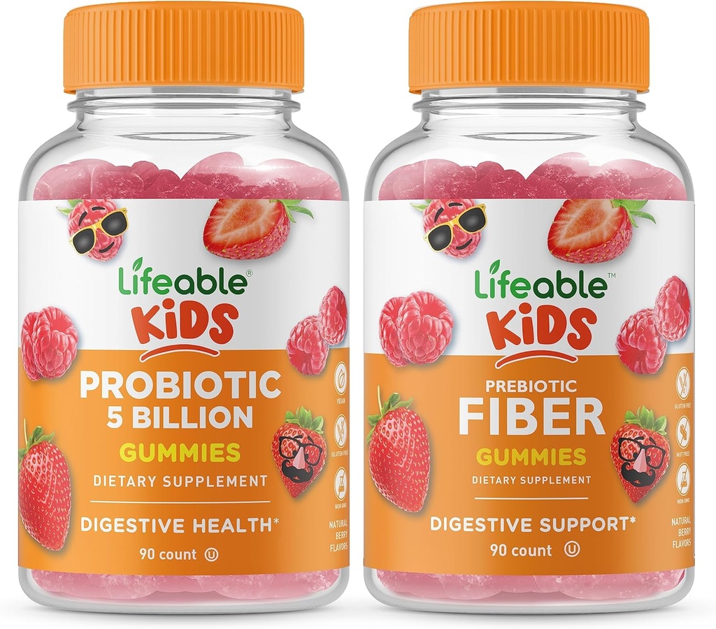 Levensvatbare Probiotica 5 Miljard Kids + Prebiotic Fiber Kids, Gummies Bundle - Grote Proeverij, Vitamine Supplement, Glutenvrij, GGO-vrij, Kauwgom